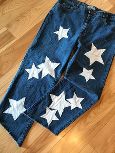 Reworked Patchwork Denim Jeans With Stars Size 16 Upcycled - Etsy Cotton Straight Leg Bottoms With Star Print, Cotton Bottoms With Star Print Straight Leg, Cotton Star Print Straight Leg Bottoms, Medium Wash Cotton Bottoms With Star Print, Fall Star Print Denim Jeans, Medium Wash Cotton Jeans With Star Print, Medium Wash Star Print Cotton Jeans, Summer Star Print Straight Leg Jeans, Trendy Cotton Jeans With Star Patch