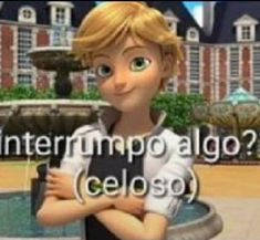 a boy standing in front of a fountain with the words interruppo algo? celoso