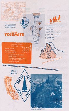 an advertisement for the yosemite national park with mountains and trees in blue, orange and white