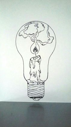 a drawing of a light bulb with an image of a candle in it on top of a table