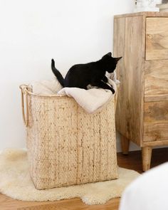 a black and white cat sitting on top of a basket