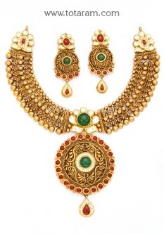 Buy 22K Gold Antique Necklace & Drop Earrings Set with Stones - GS2836 with a list price of $6,613.99 - 22K Indian Gold Jewelry from Totaram Jewelers Antique Round Jewelry For Vintage Collection, Multicolor Retro Jewelry For Vintage Collection, Antique Round Temple Necklace As Gift, Antique Round Temple Necklace For Gift, Antique Pendant Jewelry For Festive Occasions, Vintage Multicolor Jewelry For Jewelry Making, Retro Necklace With 17 Jewels For Gift, Vintage Pendant Jewelry With Intricate Design, Vintage Round Choker As A Gift