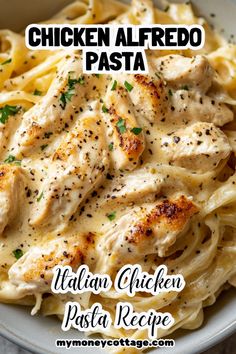 chicken alfredo pasta in a white bowl with parsley on top and text overlay