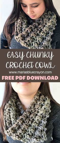 a woman wearing a crochet cowl with text overlay that says easy chunky crochet cowl