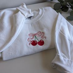 Coquette Sorority Merch, Cute Pink Embroidered Sweatshirt, Cherry Hoodie, Kirsh Cherry Sweatshirt, Coquette Crewneck, Comfy Hoodies, Embroidered Hoodie, Embroidered Clothes, Etsy Business