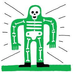 a drawing of a skeleton standing in front of a white background with green and black lines