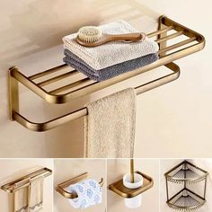 bathroom accessories are arranged on the shelf above the towel rack and in front of the mirror