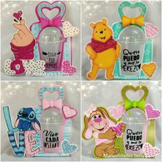 winnie the pooh sippy cup magnets are shown in four different colors and designs