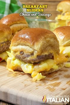 cheeseburger and egg breakfast sliders on a cutting board