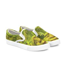 Durable 82% polyester, 18% cotton material blend. Classic slip-on silhouette with a rubber sole for dependable traction. Dye sublimation heat transfer print. Removable in-sole. Standard widths, B for women and D for men. Machine wash cold and air dry. Shrek Shoes, Crazy Faces, Cool Shoes, Ugly Shoes, Shoe Gifts, Shrek, Dye Sublimation, Air Dry, Heat Transfer