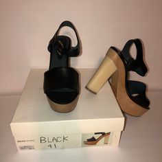 Awesome Black Leather Platforms The Perfect Finishing Touch To Any Outfit. Size 41***** Runs Small Will Fit 10/10.5 ***This Item Is A Sample So There Might Be Slight Imperfections*** Heel 5.25” Platform 1.75” ***Please Feel Free To Ask Any Questions.*** Modern Black Sandals With Medium Width, Casual Black Ankle Strap Heels, Black Wedge Sandals With Stacked Heel, Black Wedge Heel Sandals With Stacked Heel, Black Sandals With Stacked Wedge Heel, Chic Black Sandals With Heel Strap, Black Heels With Wooden Heel For Summer, Black Heels With Heel Strap And Open Heel, Black Block Heels With Removable Insole