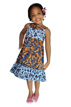 Blue and Brown African Print Dress for Girls for special occasions or casual wear Traditional Print Unique look! Brown African Print, Africa Fashion Style, African American Fashion, Traditional African Clothing, African Dresses For Kids, African Fashion Designers, Afrikaanse Mode, African Children, African Fashion Modern