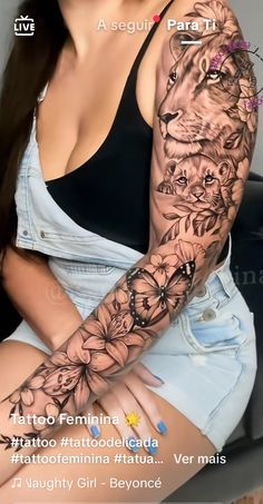 #tattoo #tattoos #tattooart #tattoodesign #tattoodesign #tattoogirl #tattoosleeve #tattooflower Tattoo Lion, Full Arm Tattoos, Beautiful Flower Tattoos, Full Back Tattoos, Arm Band Tattoo, Tatuaje A Color, Full Sleeve Tattoos, Arm Sleeve Tattoos