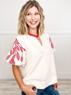 Elevate your style with our Solid V-Neck Bubble Sleeve Top! The unique leaf embroidery adds a touch of elegance, while the bubble sleeves add a playful flair. Perfect for any occasion, this top is both versatile and fashionable. Turn heads and make a statement with this must-have addition to your wardrobe. Fabric- 80% Polyester, 20% Cotton, Contrast: 50% Polyester, 50% Rayon Casual V-neck Top With Embroidered Sleeves, White Tops With Floral Embroidery And Bishop Sleeves, White Bishop Sleeve Tops With Floral Embroidery, Summer Tops With Bishop Sleeves And Floral Embroidery, Summer Tops With Floral Embroidery And Bishop Sleeves, Summer Floral Embroidery Bishop Sleeve Tops, Embroidered Cotton Bishop Sleeve Top, Embroidered Bishop Sleeve Cotton Top, Puff Sleeve Tops With Floral Embroidery For Fall