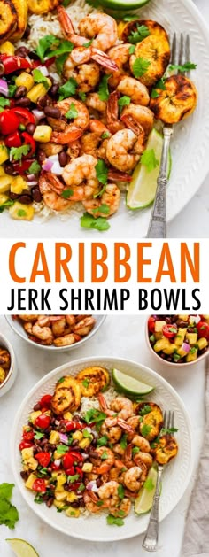 this is an image of a plate with shrimp and vegetables on it, along with the words carib bean jelk shrimp bowls