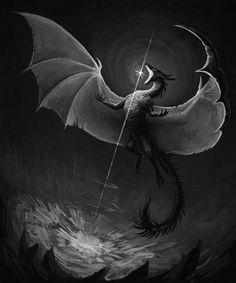 a black and white drawing of a dragon flying through the air with its wings spread