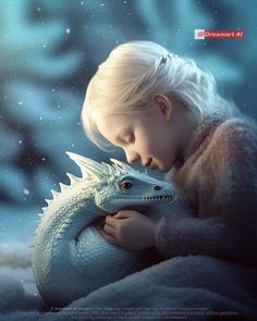 a young boy holding a white dragon in front of a snow covered background with stars