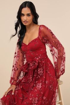 You'll twirl your way into everyone's heart in the Lulus Darling Charisma Wine Red Mesh Embroidered Midi Dress! Elegant floral embroidered mesh shapes a sweetheart neckline (with hidden no-slip strips) and sheer, long balloon sleeves (with elasticized shoulders and cuffs) that can be styled on or off the shoulders. A tying sash belt punctuates the high waist that sits atop a flowy skater skirt that ends at a chic midi hem. Hidden back zipper/clasp. Fit: This garment fits true to size. Length: Mid-calf length. Size medium measures 47.5" from shoulder to hem. Bust: Great for any cup size. Waist: Fitted - very fitted at natural waist. Hip: Not Fitted - fuller skirt allows room for hips. Undergarments: May be worn with a strapless bra, adhesive bra, petals, or no bra. Fabric: Fabric has no str Red Floral Embroidered Dress For Fall, Long Sleeve Mini Dress With Floral Embroidery For Wedding, Red Floral Embroidered A-line Dress, Embroidered Cocktail Dress For Fall, Fall Cocktail Dress With Embroidery, Fall Embroidered Cocktail Dress, Knot Tie Dress, Midi Dress Floral, Midi Dress Elegant