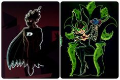 two pictures of the same character in different poses, one is green and the other is black