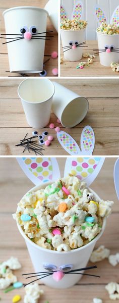 some bunny ears are made out of popcorn and marshmallows in the shape of easter bunnies