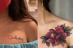 two pictures one with a flower and the other with a heart tattoo on it's chest