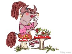 a cartoon pig sitting at a table with mushrooms on it's legs and eating food