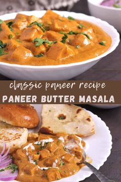 two plates with different types of food and the words classic paneer recipe on them