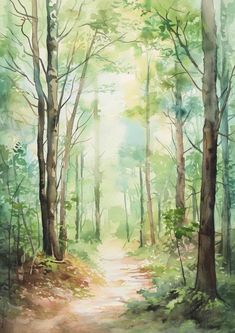 a painting of a path in the woods