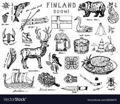 the finland symbols and their meanings are drawn in black ink on white paper - stock image