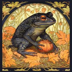 a frog sitting on top of a pumpkin in front of an ornate frame with leaves and flowers