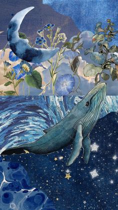 a painting of a blue whale in the ocean with stars and flowers on it's side