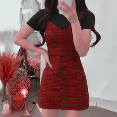 Dress Layering, Ootd Korean, Profile Avatar, Outfits Retro, Korean Fashion Outfits, Korean Girl Fashion, Korean Dress, Red Outfit, Korean Outfits