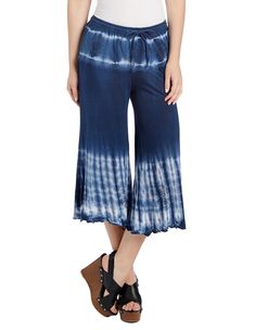 Ocean Waves Blue Boho Tie Dye Capri with Elastic Waist | Short-Skirts | Blue | Split-Skirts-Pants, Junior-Petite, Vacation, Tie-Dye Boho Tie Dye, Hippie Look, Trendy Skirts, Scarf Shirt, Tropical Shirts, Split Skirt, Beach Vacations, T Shirt Style, Elastic Waist Shorts