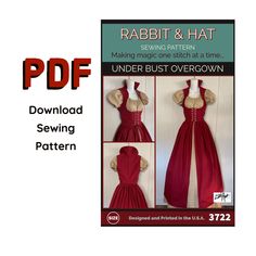 "Rabbit and Hat Sewing Pattern 3722 UNDER BUST OVER-GOWN (The under puff sleeve chemise gown pattern is NOT INCLUDED. It can be purchased separately. Pattern 3822.) THIS IS A PDF PATTERN - YOU WILL DOWNLOAD IT AFTER PURCHASE Print on 8.5 x 11\" paper at 100% scale with no margins. You will be downloading 3 files ** My patterns are hand drafted**  (Sorry I'm not a computer genius, I do things the simple way) 1. Instructions 2. Step by step photos 1-4 PAGES 3. Step by step photos 5-8 PAGES 4. Bodice pattern pieces 5. Skirt pattern pieces PATTERNS ARE SOLD BY INDIVIDUAL SIZE, PLEASE MAKE SURE YOU ARE BUYING THE CORRECT SIZE LISTED IN THE ITEM TITLE. IF YOU HAVE QUESTIONS, PLEASE MESSAGE ME. Medieval Under Bust Over-Gown ONLY. I've tried to make this as simple as possible and I'm making these Hat Sewing Pattern, Hat Sewing, Bodice Pattern, Cloth Pattern, Hat Patterns To Sew, Gown Pattern, Costumes Pictures, Pattern Steps, 2 Step