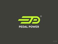 the pedal power logo is shown on a dark background with green letters and an arrow