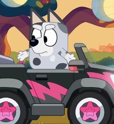 a cartoon dog driving a pink and black car with stars on the front tire, in an animated scene