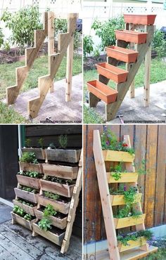 several steps made out of wooden pallets with plants growing on the top and bottom