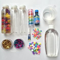 the supplies needed to make this diy craft include plastic bottles, glue, beads, and confetti