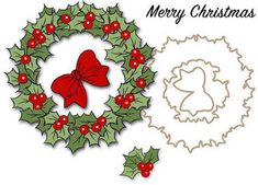 a christmas wreath with holly leaves and red bows next to a paper cutout that says merry christmas