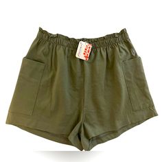 Free People Size Small Olive Green Shorts For This Text To Attach Never Open Khaki Short Bottoms For Vacation, Khaki Short Length Vacation Bottoms, Vacation Bottoms With Pockets And Short Leg, Vacation Bottoms With Pockets And Short Legs, Beach Bottoms With Pockets And Short Inseam, Summer Bottoms With Elastic Waistband In Khaki, Green High-waisted Shorts With Pockets, Green Bottoms With Pockets And Short Inseam, Short Beach Pants With Pockets