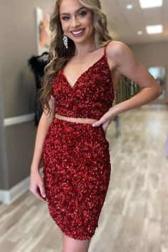 Sequin Homecoming Dress, Perfect Dresses, Red Two Piece, Professional Dress, Short Homecoming Dress, Sequin Shorts, Red Sequin, Professional Dresses, Homecoming Dresses Short