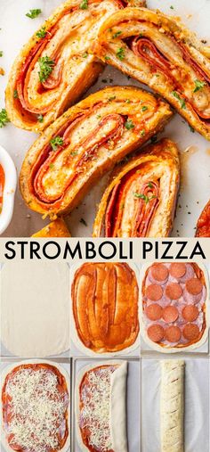 different types of pizzas are shown with the words, stromboli pizza