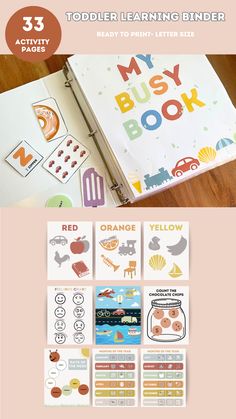 an activity book for toddlers to learn how to use the busy book with pictures and words