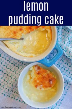 two bowls filled with lemon pudding on top of a blue and white table cloth next to a