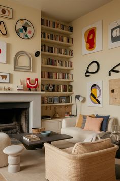 a living room filled with lots of furniture and bookshelves next to a fire place