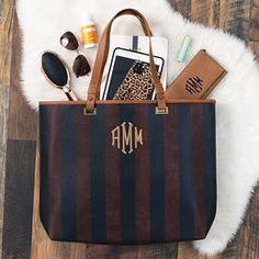 Personalized Metallic Striped Tote Bag Striped Tote Bag, Marley Lilly, Monogram Tote, S Monogram, Travel Gear, Effortless Style, Monogram, Tote Bag, Travel