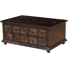 a large wooden chest with drawers on wheels