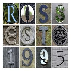 the letters are made up of different types of metal and wood, including one that says roost