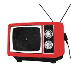 a red and black television sitting on top of a table