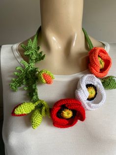 Poppy Flower Necklace- Spring Flower Jewelry- Crochet Neck Accessory- Anniversary Gift- wild flower necklace Handmade Bohemian Flower Necklace For Spring, Bohemian Handmade Flower Necklace For Spring, Handmade Necklaces For Spring Gifts, Handmade White Necklaces For Spring, Bohemian Flower Necklace For Spring, Handmade Necklaces As Spring Gifts, Spring Handmade Flower Necklace As Gift, Bohemian Flower Necklaces For Spring, Bohemian Necklaces For Spring Gift